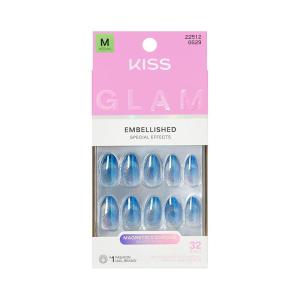 KISS GLAM, Press On Nails, Nail glue included, ‘Glow Forever’, Blue, Medium Size, Almond Shape, Includes 32 Nails, 2g Glue, 1 Manicure Stick, 1 Mini File