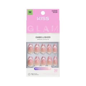 KISS GLAM, Press On Nails, Nail glue included, ‘Stardust Wonder’, Pink, Medium Size, Almond Shape, Includes 32 Nails, 2g Glue, 1 Manicure Stick, 1 Mini File