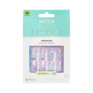 KISS ICON, Press On Nails, Nail glue included, ‘Remarkable’, Pink, Medium Size, Almond Shape, Includes 32 Nails, 2g Glue, 2 Manicure Stick, 1 Mini File, 2 Prep Pads, 48 Adhesive tabs
