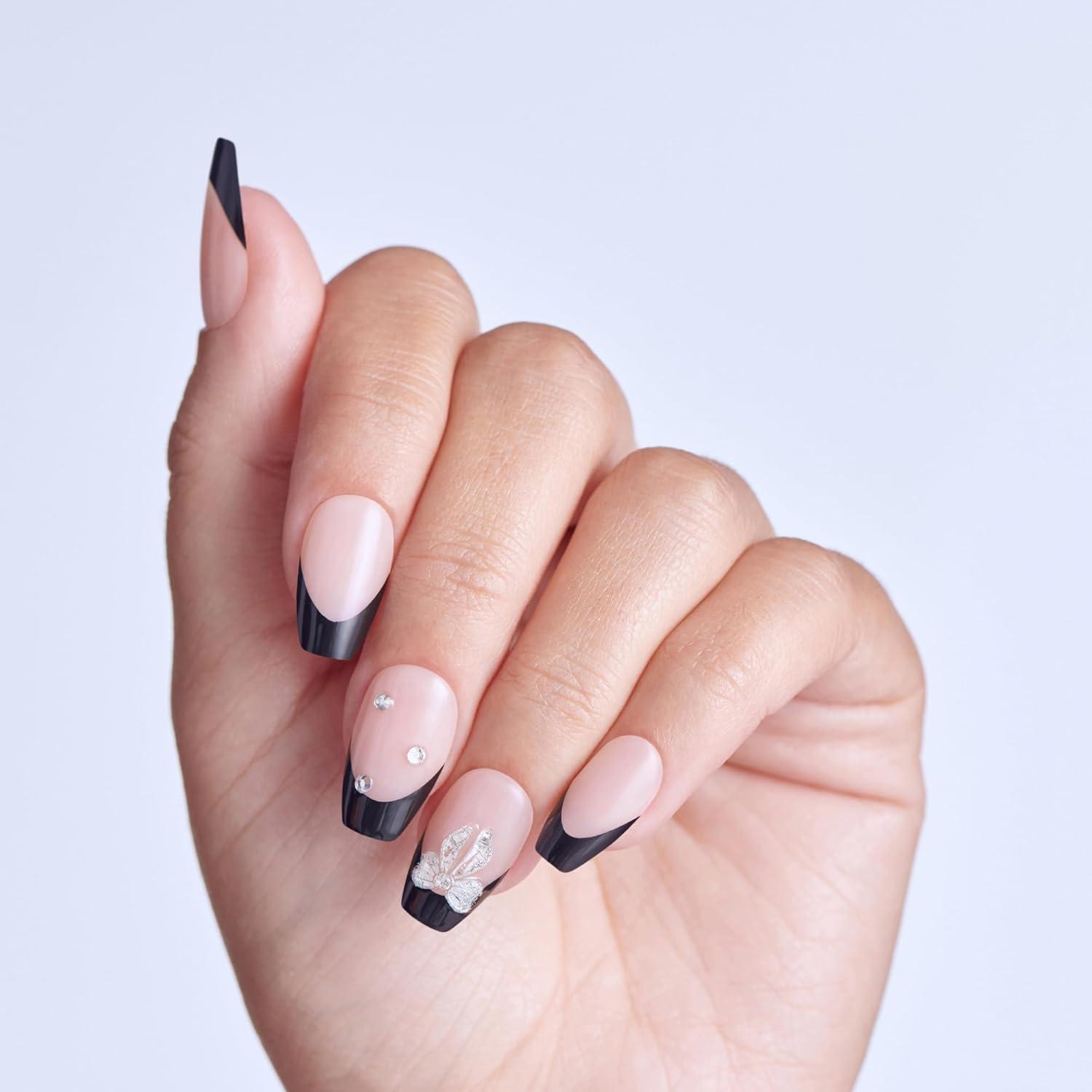 imageKISS imPRESS No Glue Mani Press On Nails Design By the river Black Medium Size Coffin Shape Includes 30 Nails Prep Pad Instructions Sheet 1 Manicure Stick 1 Mini File