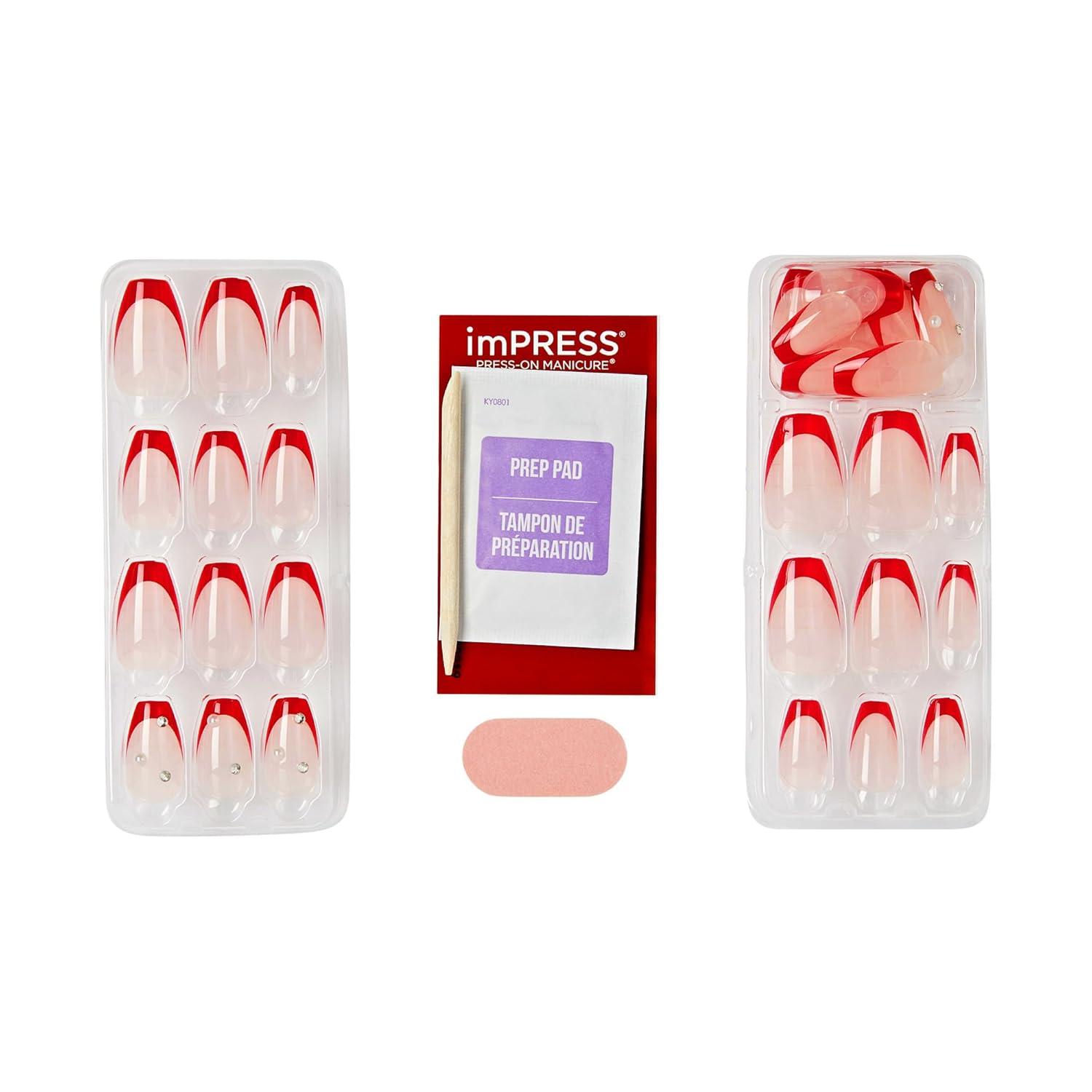 imageKISS imPRESS No Glue Mani Press On Nails Design Happy World Red Medium Size Coffin Shape Includes 30 Nails Prep Pad Instructions Sheet 1 Manicure Stick 1 Mini File