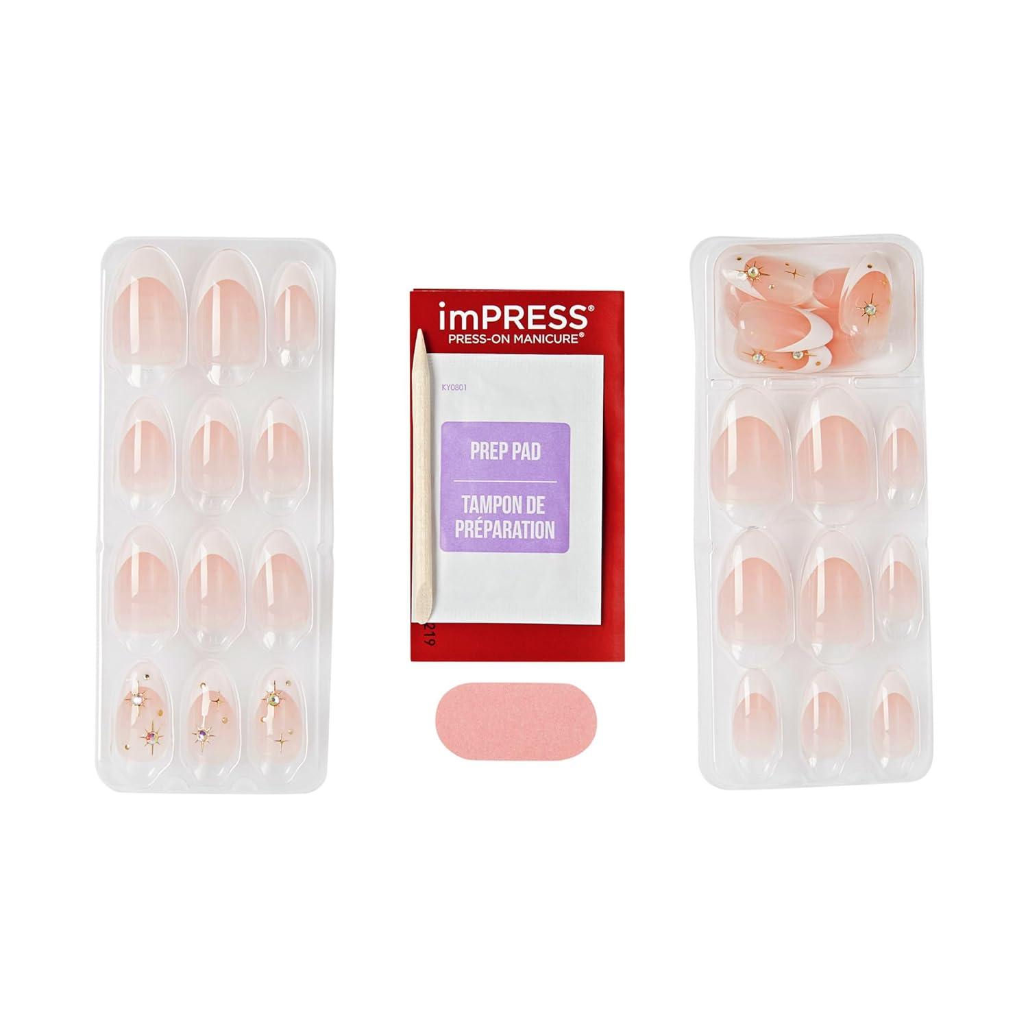 imageKISS imPRESS No Glue Mani Press On Nails Design Star player White Medium Size Almond Shape Includes 30 Nails Prep Pad Instructions Sheet 1 Manicure Stick 1 Mini File