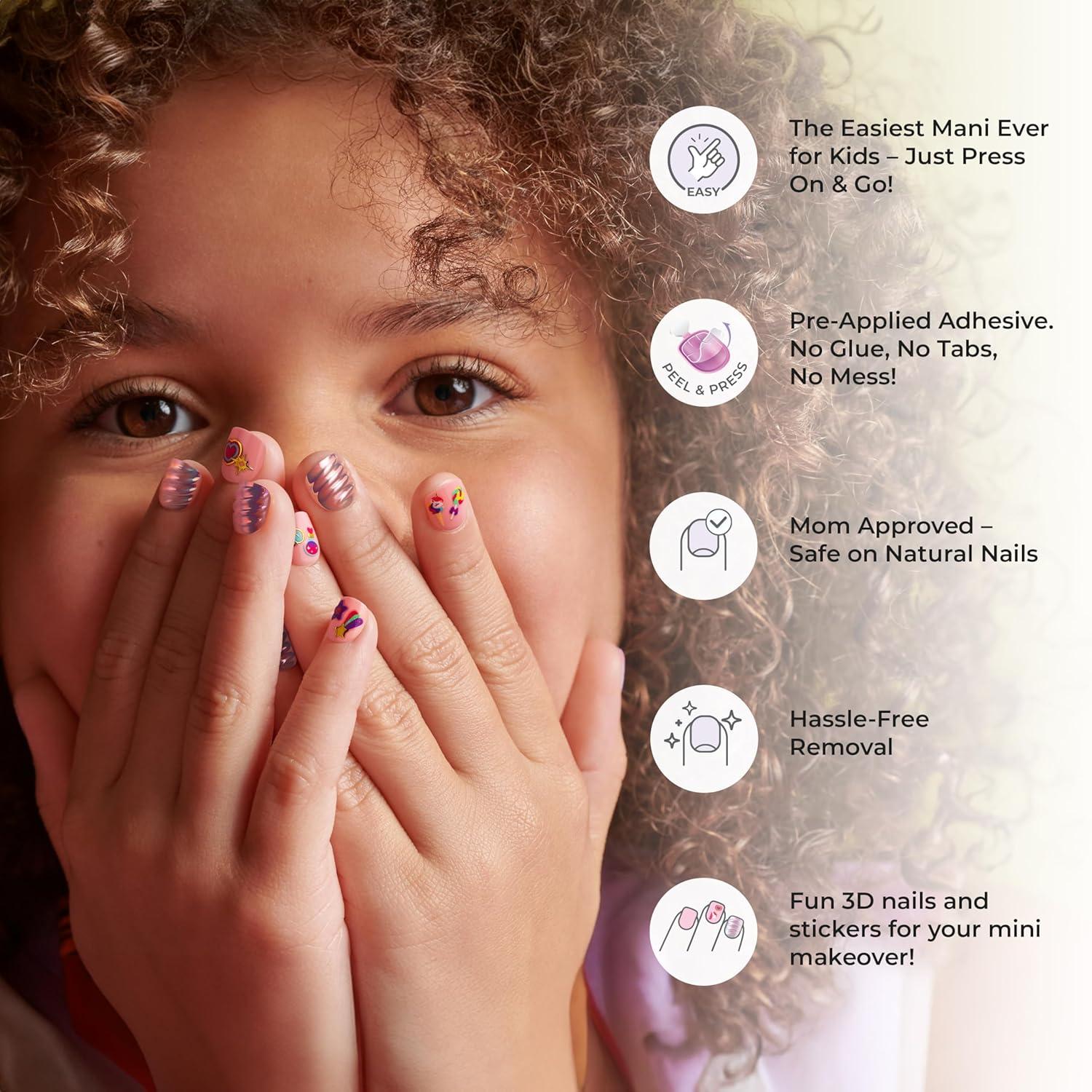 imageKISS imPRESS No Glue Mani Press On Nails Mini Unicorn Dream Multicolor Kids Size Squoval Shape Includes 26 Nails 4 Sticker Sheets 1 Mini File