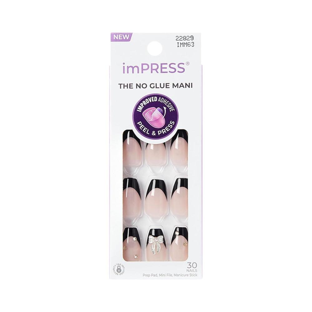 imageKISS imPRESS No Glue Mani Press On Nails Design By the river Black Medium Size Coffin Shape Includes 30 Nails Prep Pad Instructions Sheet 1 Manicure Stick 1 Mini File