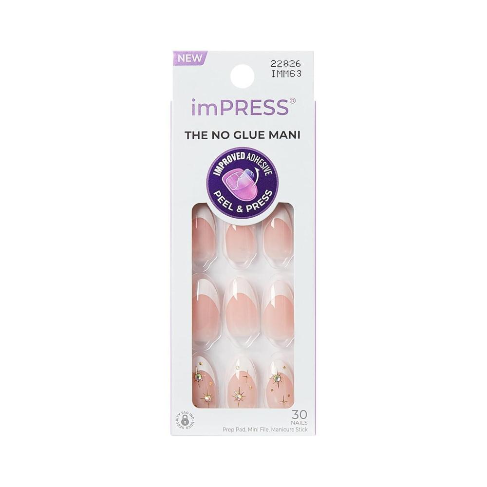 imageKISS imPRESS No Glue Mani Press On Nails Design Star player White Medium Size Almond Shape Includes 30 Nails Prep Pad Instructions Sheet 1 Manicure Stick 1 Mini File