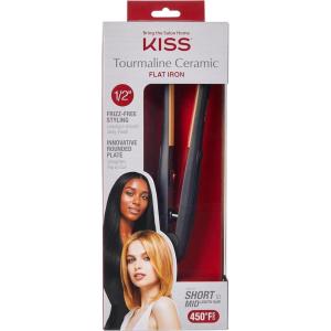 KISS Tourmaline Ceramic Flat Iron Hair Straightener & Styling Tool, 1/2″ Plates, Frizz-Free Styling, Rounded Edge for Curls, 30-Second Heat Up, Up to 450°F, Black(Black)