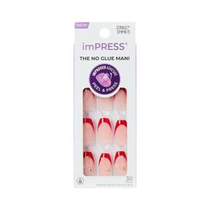 KISS imPRESS No Glue Mani Press On Nails, Design, ‘Happy World’, Red, Medium Size, Coffin Shape, Includes 30 Nails, Prep Pad, Instructions Sheet, 1 Manicure Stick, 1 Mini File