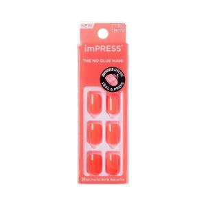 KISS imPRESS No Glue Mani Press On Nails, Color, ‘Happier Vibes’, Orange, Short Size, Squoval Shape, Includes 30 Nails, Prep Pad, Instructions Sheet, 1 Manicure Stick, 1 Mini File