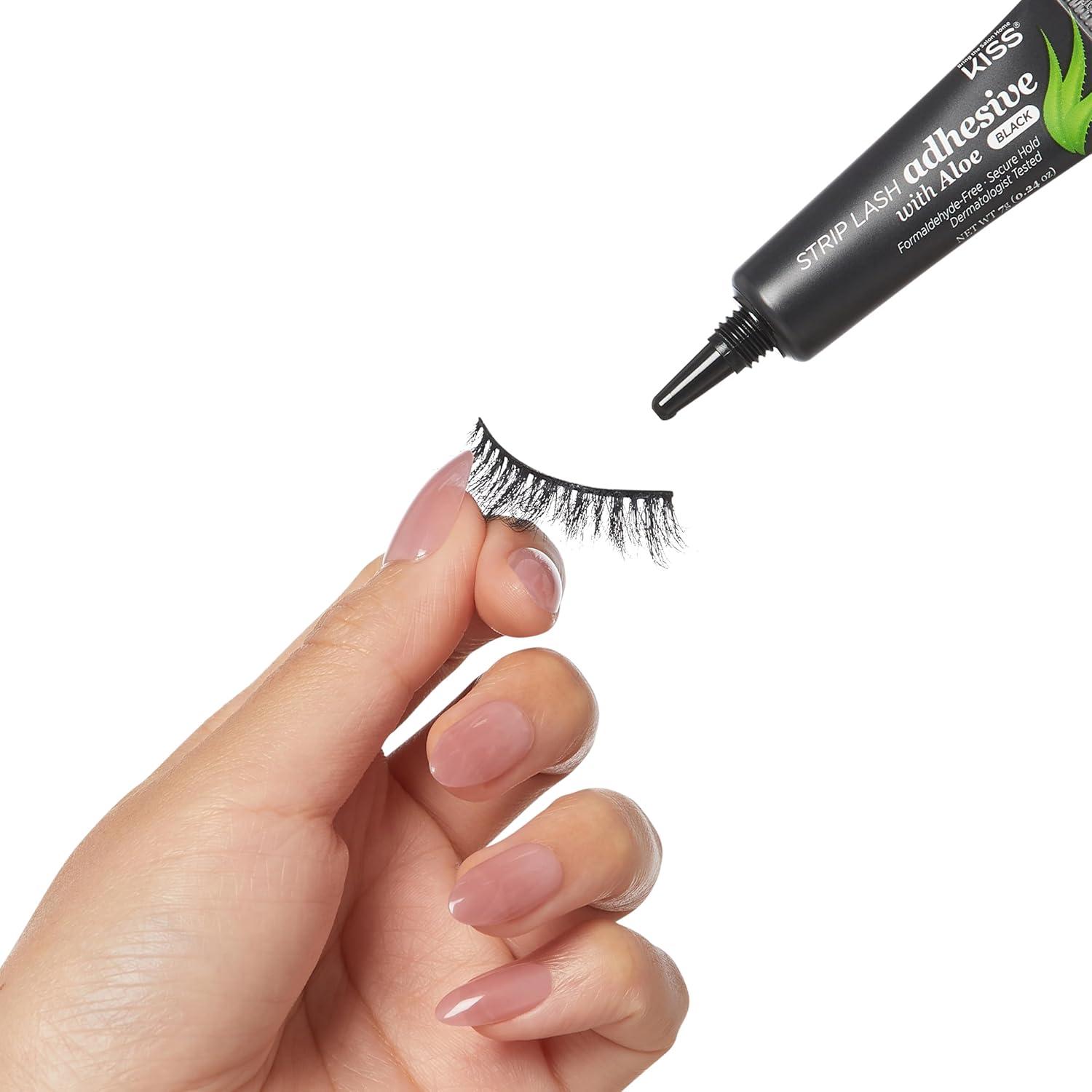 imageKISS Black Strip Lash Adhesive with Aloe Dermatologist Tested Formaldehyde Free NonIrritant Contact Lens Friendly Secure Hold Contains Latex with Control Nozzle Tip 024 Ounce