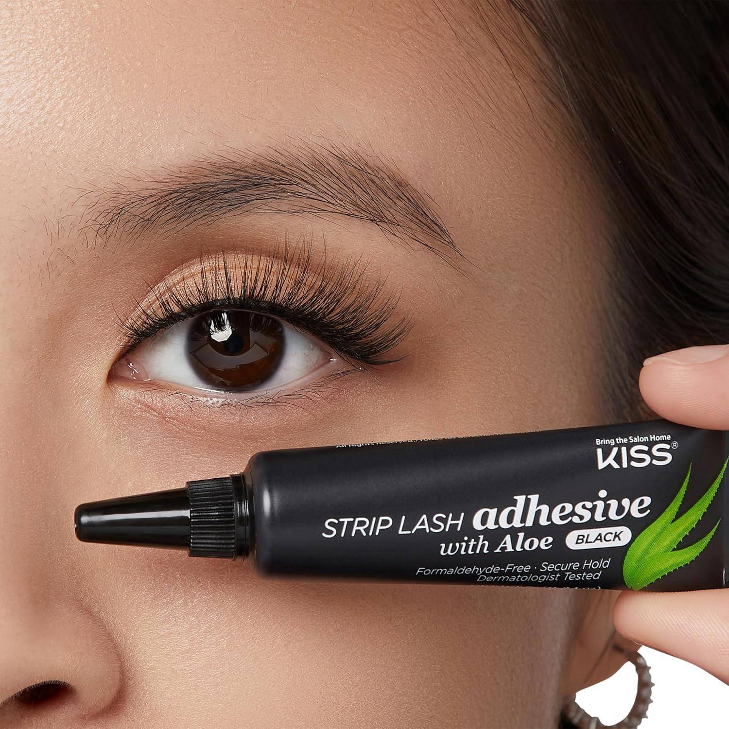imageKISS Black Strip Lash Adhesive with Aloe Dermatologist Tested Formaldehyde Free NonIrritant Contact Lens Friendly Secure Hold Contains Latex with Control Nozzle Tip 024 Ounce