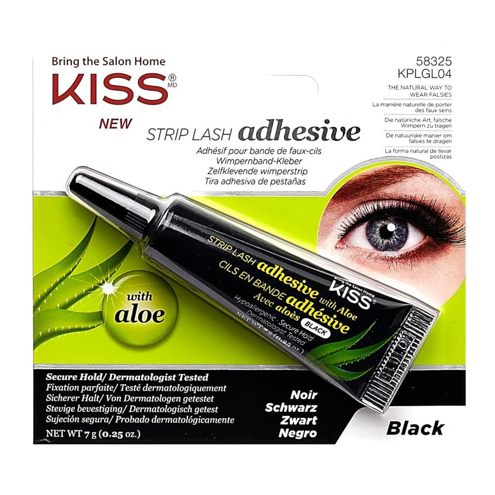 imageKISS Black Strip Lash Adhesive with Aloe Dermatologist Tested Formaldehyde Free NonIrritant Contact Lens Friendly Secure Hold Contains Latex with Control Nozzle Tip 024 Ounce