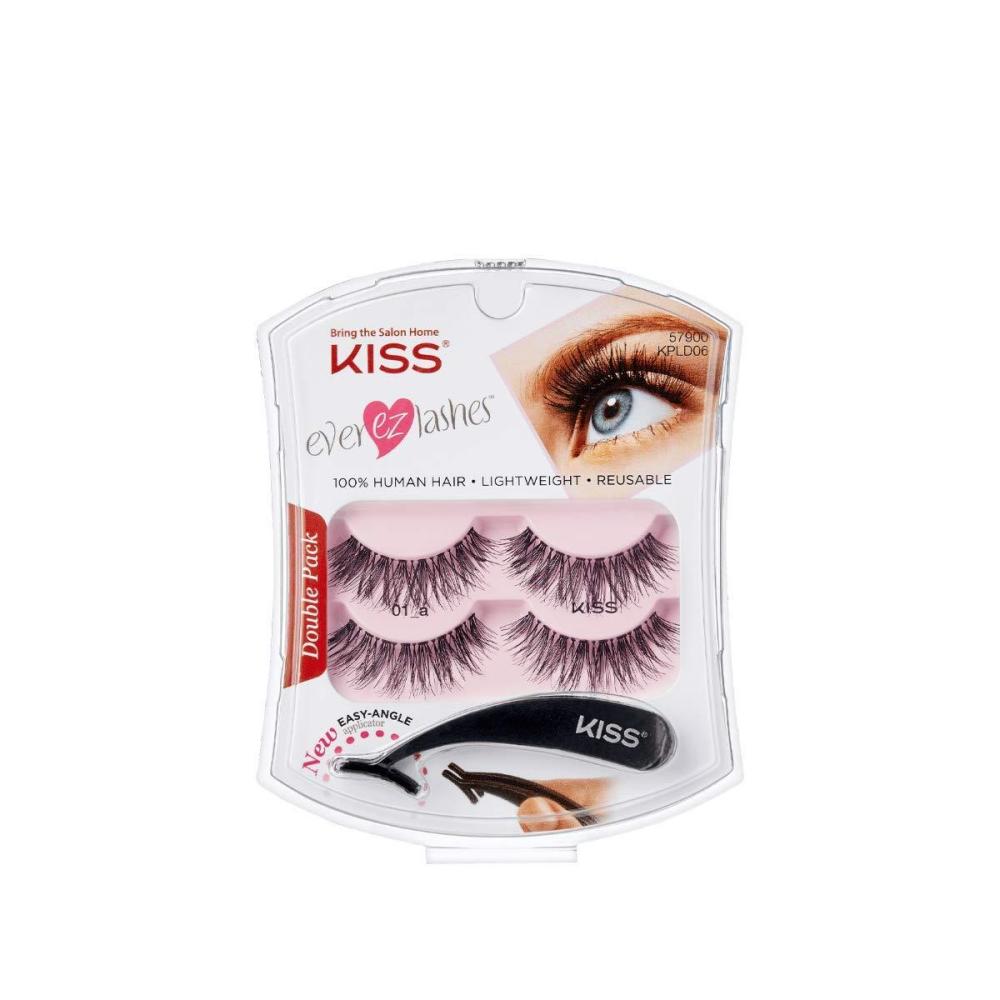 imageKISS Ever EZ Lashes Double Pack No 01 Reusable Natural Eyelash Starter Kit Includes EasyAngle Applicator and 2 Pairs Human Hair False Eyelashes Black