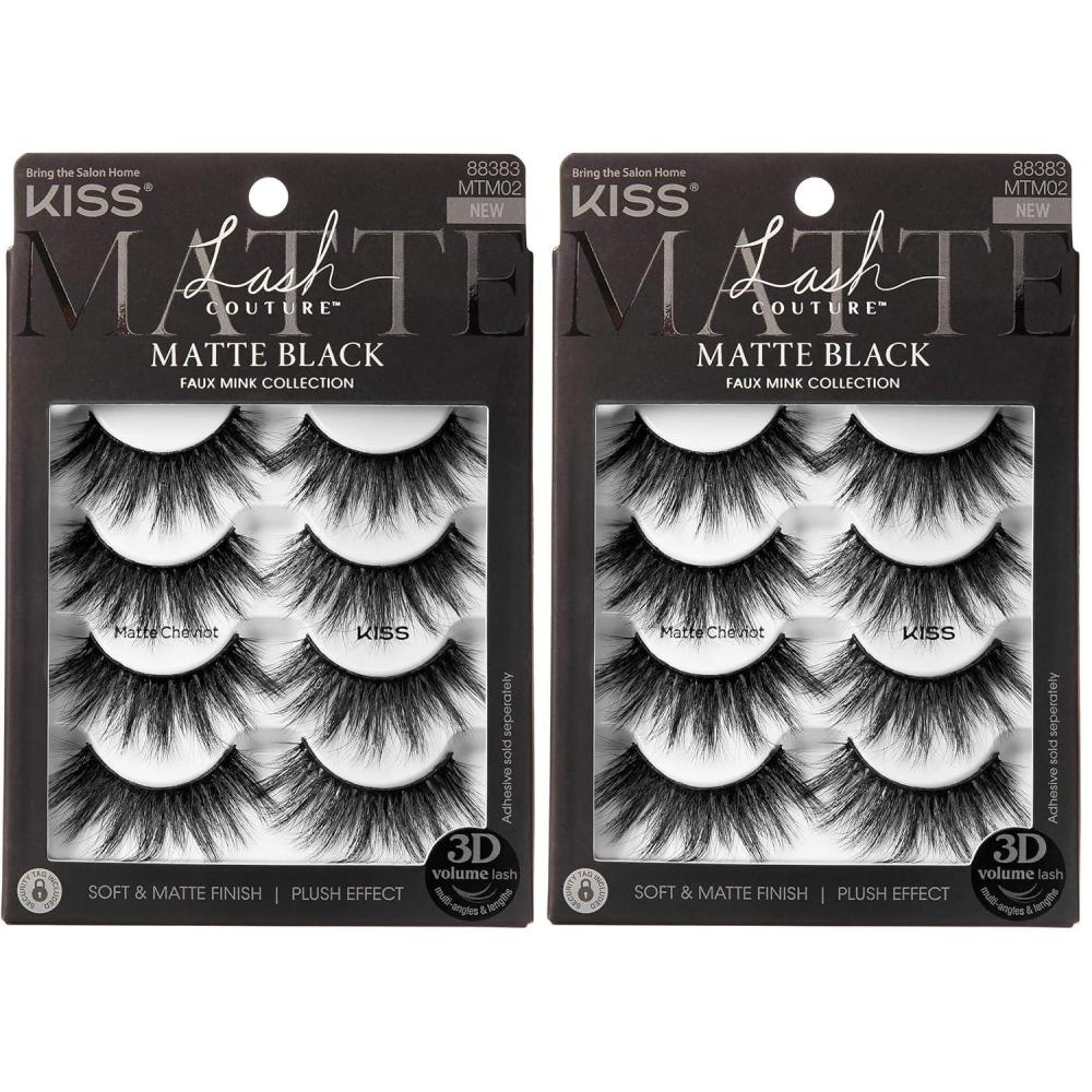 imageKISS Lash Couture 3D Matte False Eyelashes Matte Cheviot 18mm20mm Includes 4 Pairs Of Lashes Contact Lens Friendly Easy to Apply Reusable Strip Lashes Pack of 2