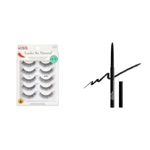 KISS Looks So Natural False Eyelashes Shy’ 12mm, 5 Pairs + wet n wild Breakup Proof Eyeliner, Waterproof Blackest Black
