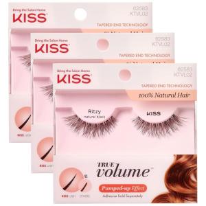 KISS True Volume False Eyelashes, Ritzy’, 14 mm, 100% Natural Hair, Tapered End Technology, Contact Lens Friendly, Easy to Apply, Includes 1 Pair Reusable Strip Lashes (Pack of 3)