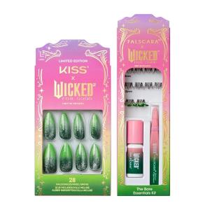 Elphaba Nail & Lash Bundle, KISS X WICKED: FOR GOOD Press On Nails, ‘I Feel Wicked’, Green, Long Almond, 28 Count & FALSCARA X WICKED: FOR GOOD False Eyelashes, ‘Love Without Limits’, 10 Lash Clusters