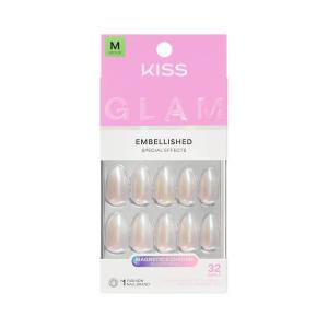 KISS GLAM, Press On Nails, Nail glue included, ‘Dive’, Pink, Medium Size, Almond Shape, Includes 32 Nails, 2g Glue, 1 Manicure Stick, 1 Mini File