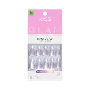 KISS GLAM, Press On Nails, Nail glue included, ‘Fairy Tale’, Pink, Medium Size, Almond Shape, Includes 32 Nails, 2g Glue, 1 Manicure Stick, 1 Mini File