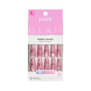KISS GLAM, Press On Nails, Nail glue included, ‘Pink Sugar’, Pink, Long Size, Coffin Shape, Includes 32 Nails, 2g Glue, 1 Manicure Stick, 1 Mini File