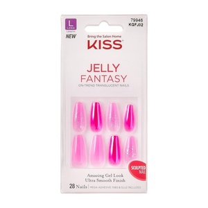 KISS Jelly Fantasy On-Trend Translucent Nails, 28 Long Sculpted Glue-On/Press-On Fake Nails, “Jelly Baby”, with Gel Nail Glue, 24 Mega Adhesive Tabs, Mini File, Manicure Stick