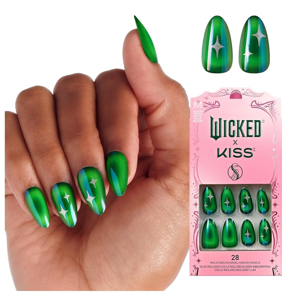 image:imageWICKED X KISS Press On Nails Almond Im Not Afraid Green Medium Waterproof Chip Proof Smudge Proof 28 Fake Nails Pink Gel Nail Glue 2g Mini Nail File amp Manicure StickIm Not Afraid
