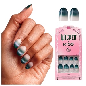 WICKED X KISS Press On Nails Almond, ‘I’m Not Afraid’, Green, Medium, Waterproof, Chip Proof, Smudge Proof, 28 Fake Nails, Pink Gel Nail Glue (2g), Mini Nail File, & Manicure Stick(Don’t Hide your Magic)