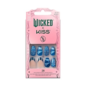 WICKED X KISS Press On Nails Almond, ‘I’m Not Afraid’, Green, Medium, Waterproof, Chip Proof, Smudge Proof, 28 Fake Nails, Pink Gel Nail Glue (2g), Mini Nail File, & Manicure Stick(Shiz Campus)
